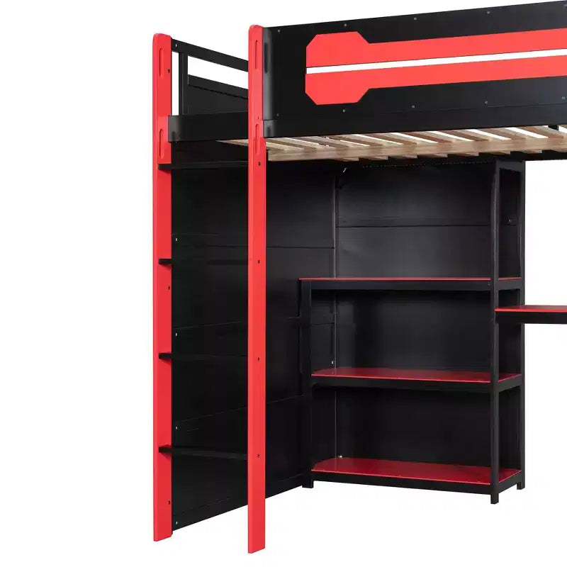 Lit mezzanine gamer Luxystar pleine taille avec étagères de rangement, bureau et lumière