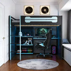 Luxystar Full Size Gaming Loft Bed with Storage Shelves, Desk and Light