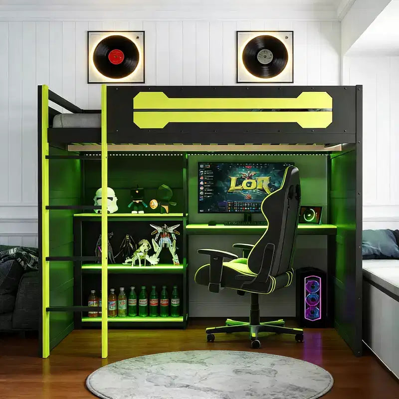 Lit mezzanine gamer Luxystar pleine taille avec étagères de rangement, bureau et lumière