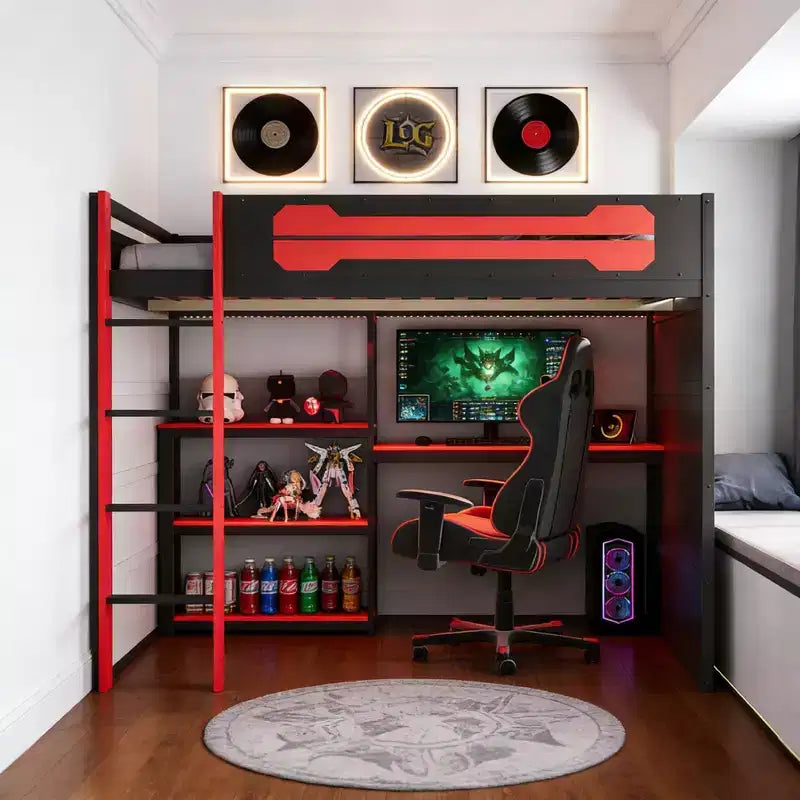 Lit mezzanine gamer Luxystar pleine taille avec étagères de rangement, bureau et lumière