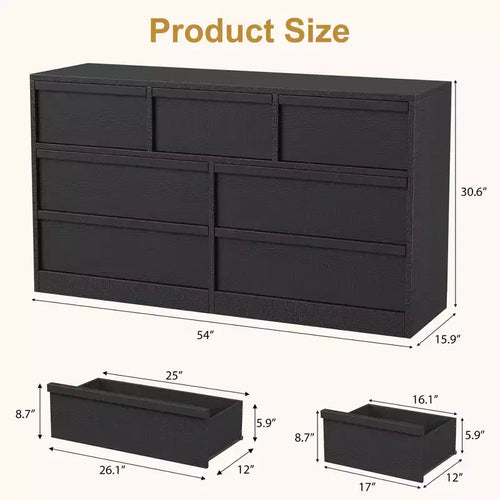 Commode 7 tiroirs pour chambre à coucher, commode noire avec poignées concaves, commode moderne à 7 tiroirs pour chambre, salon, chambre d'enfant