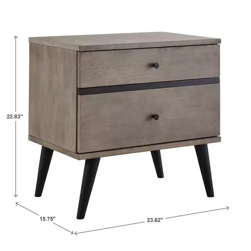 Table de chevet Sutro mi-siècle moderne à 2 tiroirs avec pieds noirs - Gris/Noir - iNSPIRE Q