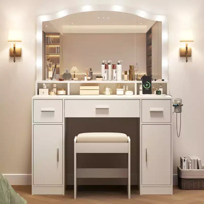 Coiffeuse en bois avec miroir lumineux LED et station de recharge, meuble de maquillage moderne avec tiroirs et placards de rangement pour chambre à coucher