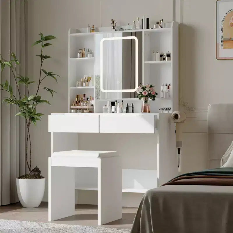 Coiffeuse avec miroir et 3 modes d'éclairage, ensemble de table de maquillage avec étagères de rangement cachées, prises USB, coiffeuse avec support pour sèche-cheveux