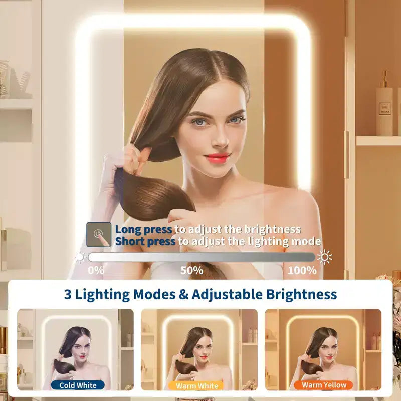 Coiffeuse avec miroir et 3 modes d'éclairage, ensemble de table de maquillage avec étagères de rangement cachées, prises USB, coiffeuse avec support pour sèche-cheveux