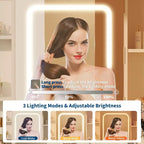 Coiffeuse avec miroir et 3 modes d'éclairage, ensemble de table de maquillage avec étagères de rangement cachées, prises USB, coiffeuse avec support pour sèche-cheveux