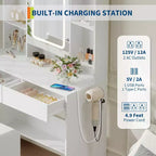 Coiffeuse avec miroir et 3 modes d'éclairage, ensemble de table de maquillage avec étagères de rangement cachées, prises USB, coiffeuse avec support pour sèche-cheveux