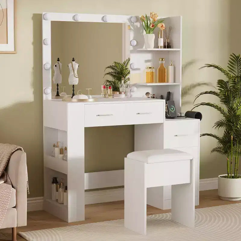 Coiffeuse avec miroir et tabouret, prise de courant, support pour sèche-cheveux, coiffeuse éclairée avec 10 ampoules, 5 tiroirs, table de maquillage pour chambre à coucher