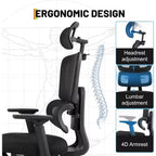 Fauteuil de bureau professionnel à dossier haut, support lombaire réglable, appui-tête 3D, accoudoirs relevables pour le travail au bureau, capacité de 136 kg, noir