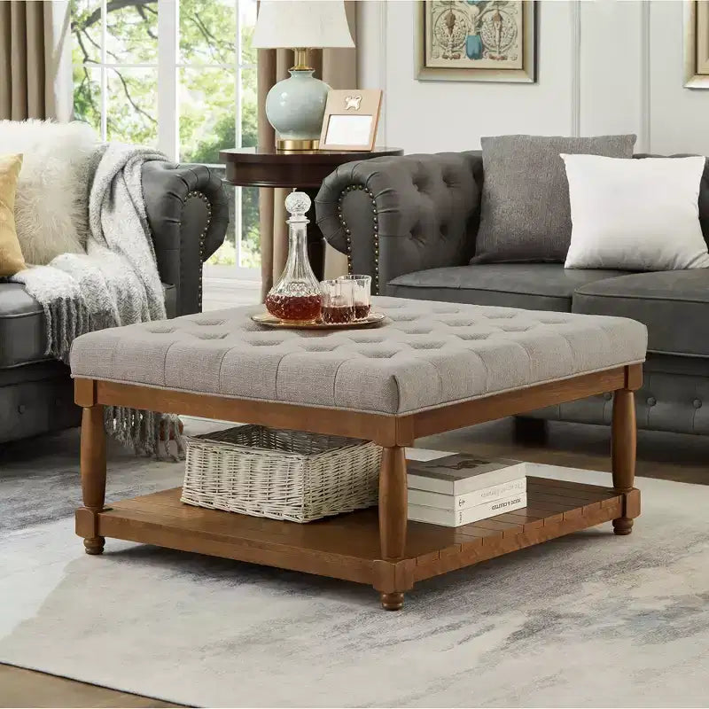 GDFStudio Chloe Pouf carré moderne en bois, rembourré en lin, capitonné avec étagère de rangement