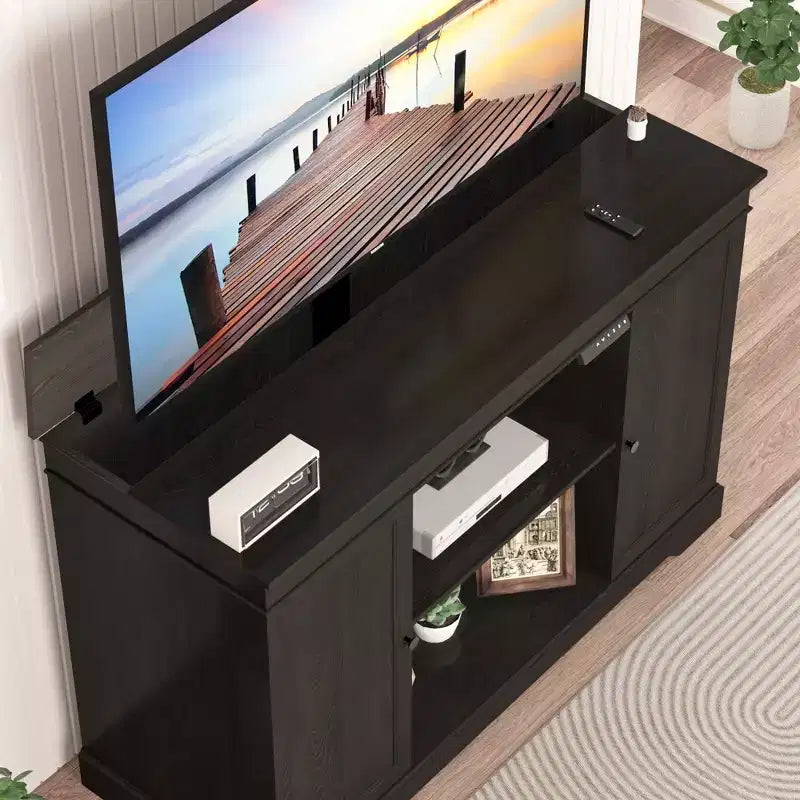 Meuble TV lift GDLF, meuble TV motorisé escamotable pour téléviseurs de 55 à 65 pouces avec rangement et télécommande, Noyer moderne