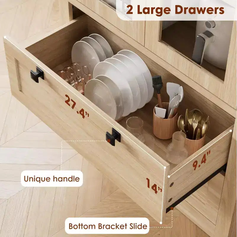 Armoire de cuisine haute de 71 po – Buffet de rangement moderne avec 2 grands tiroirs, portes en verre et étagères réglables, vaisselier de cuisine de style campagnard
