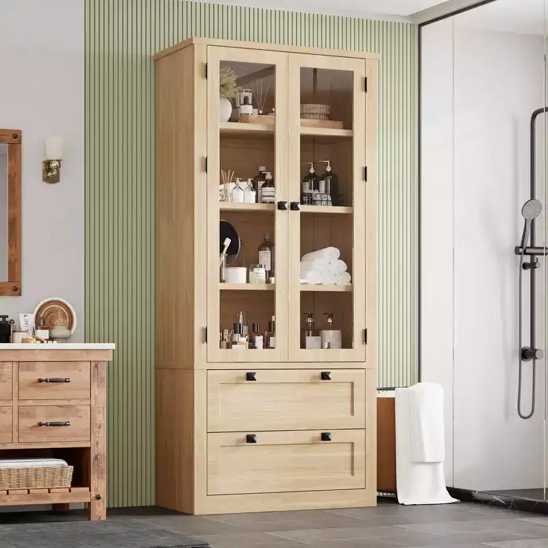 Armoire de cuisine haute de 71 po – Buffet de rangement moderne avec 2 grands tiroirs, portes en verre et étagères réglables, vaisselier de cuisine de style campagnard