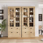 Armoire de cuisine haute de 71 po – Buffet de rangement moderne avec 2 grands tiroirs, portes en verre et étagères réglables, vaisselier de cuisine de style campagnard