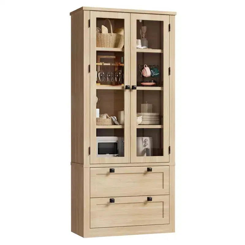 Armoire de cuisine haute de 71 po – Buffet de rangement moderne avec 2 grands tiroirs, portes en verre et étagères réglables, vaisselier de cuisine de style campagnard