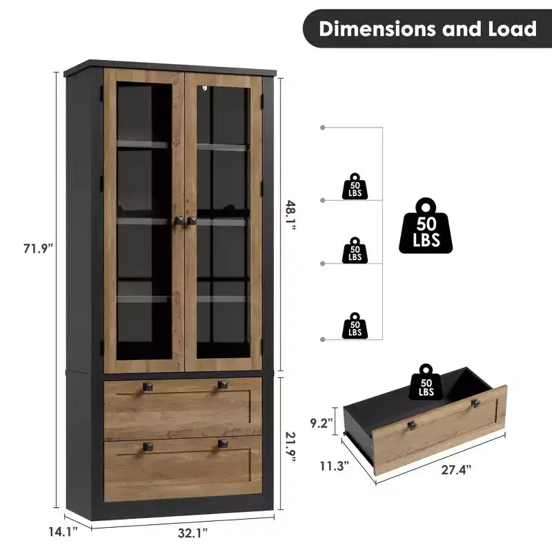 Armoire de cuisine haute de 71 po – Buffet de rangement moderne avec 2 grands tiroirs, portes en verre et étagères réglables, vaisselier de cuisine de style campagnard