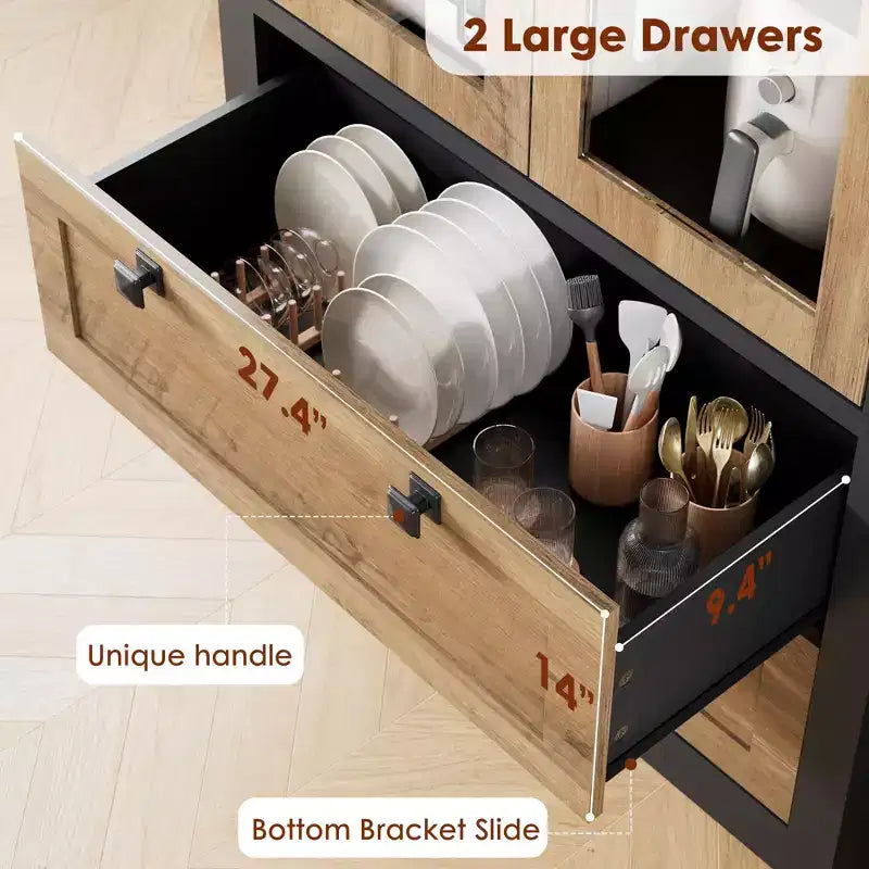 Armoire de cuisine haute de 71 po – Buffet de rangement moderne avec 2 grands tiroirs, portes en verre et étagères réglables, vaisselier de cuisine de style campagnard