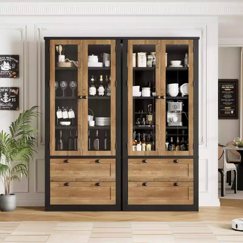 Armoire de cuisine haute de 71 po – Buffet de rangement moderne avec 2 grands tiroirs, portes en verre et étagères réglables, vaisselier de cuisine de style campagnard