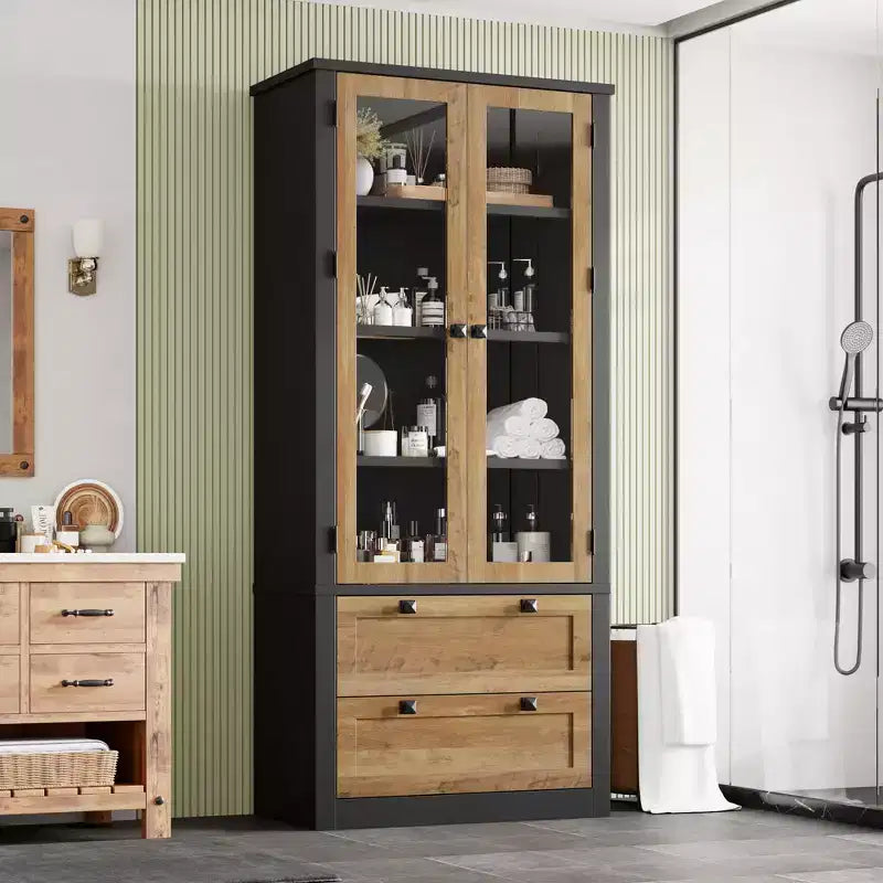Armoire de cuisine haute de 71 po – Buffet de rangement moderne avec 2 grands tiroirs, portes en verre et étagères réglables, vaisselier de cuisine de style campagnard