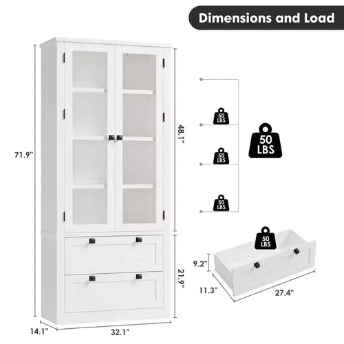 Armoire de cuisine haute de 71 po – Buffet de rangement moderne avec 2 grands tiroirs, portes en verre et étagères réglables, vaisselier de cuisine de style campagnard