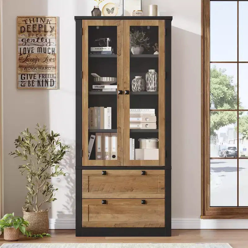 Armoire de cuisine haute de 71 po – Buffet de rangement moderne avec 2 grands tiroirs, portes en verre et étagères réglables, vaisselier de cuisine de style campagnard