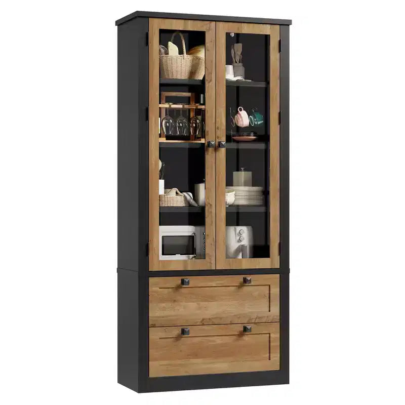 Armoire de cuisine haute de 71 po – Buffet de rangement moderne avec 2 grands tiroirs, portes en verre et étagères réglables, vaisselier de cuisine de style campagnard