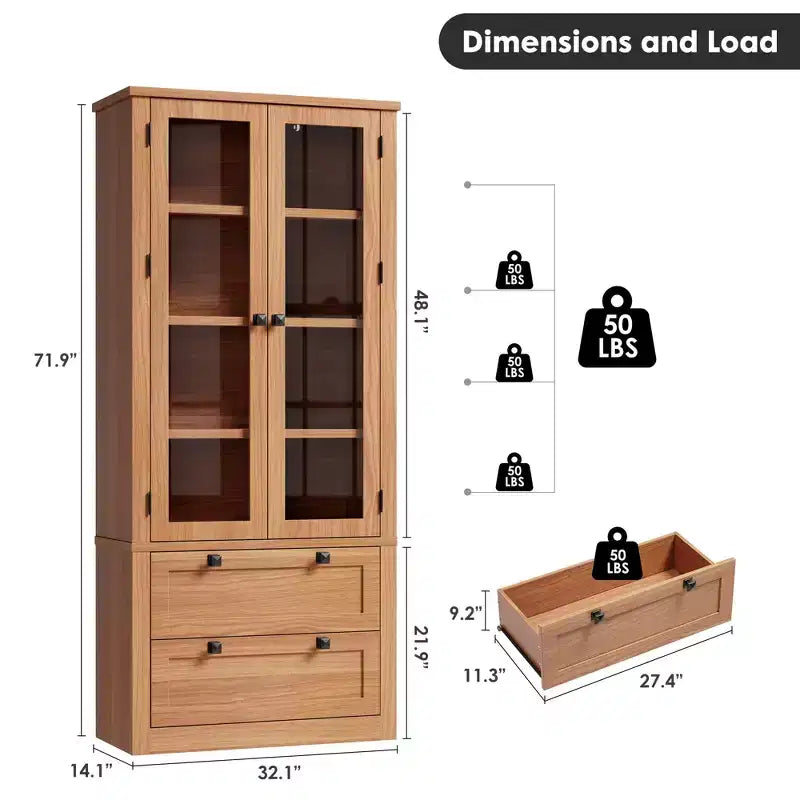 Armoire de cuisine haute de 71 po – Buffet de rangement moderne avec 2 grands tiroirs, portes en verre et étagères réglables, vaisselier de cuisine de style campagnard