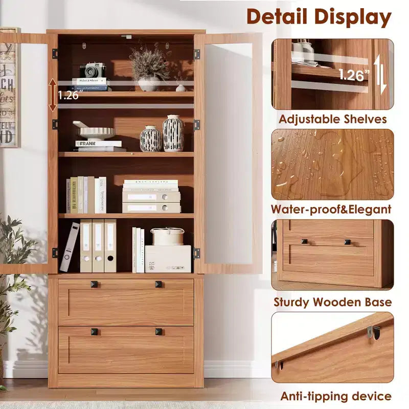 Armoire de cuisine haute de 71 po – Buffet de rangement moderne avec 2 grands tiroirs, portes en verre et étagères réglables, vaisselier de cuisine de style campagnard