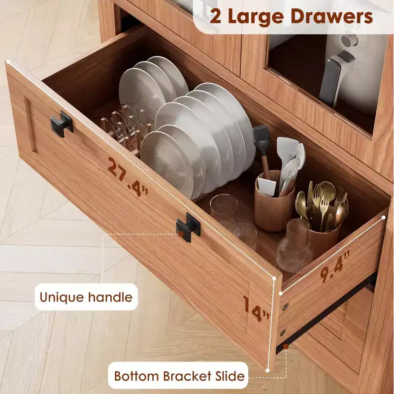 Armoire de cuisine haute de 71 po – Buffet de rangement moderne avec 2 grands tiroirs, portes en verre et étagères réglables, vaisselier de cuisine de style campagnard