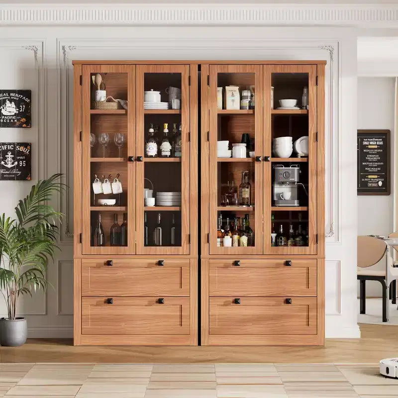 Armoire de cuisine haute de 71 po – Buffet de rangement moderne avec 2 grands tiroirs, portes en verre et étagères réglables, vaisselier de cuisine de style campagnard