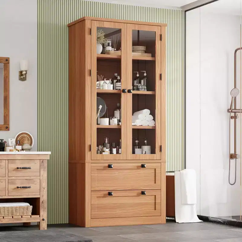 Armoire de cuisine haute de 71 po – Buffet de rangement moderne avec 2 grands tiroirs, portes en verre et étagères réglables, vaisselier de cuisine de style campagnard