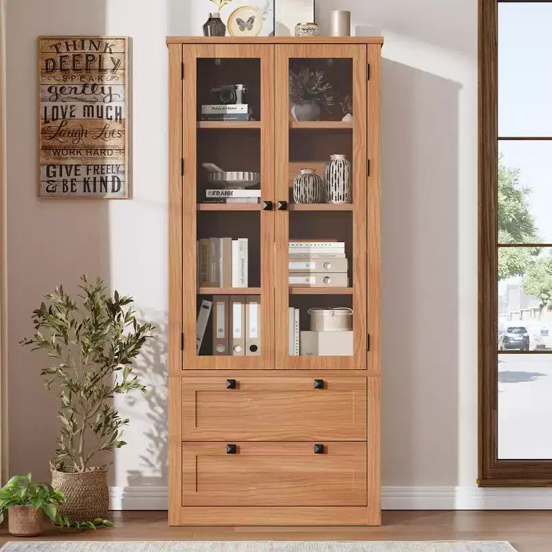 Armoire de cuisine haute de 71 po – Buffet de rangement moderne avec 2 grands tiroirs, portes en verre et étagères réglables, vaisselier de cuisine de style campagnard