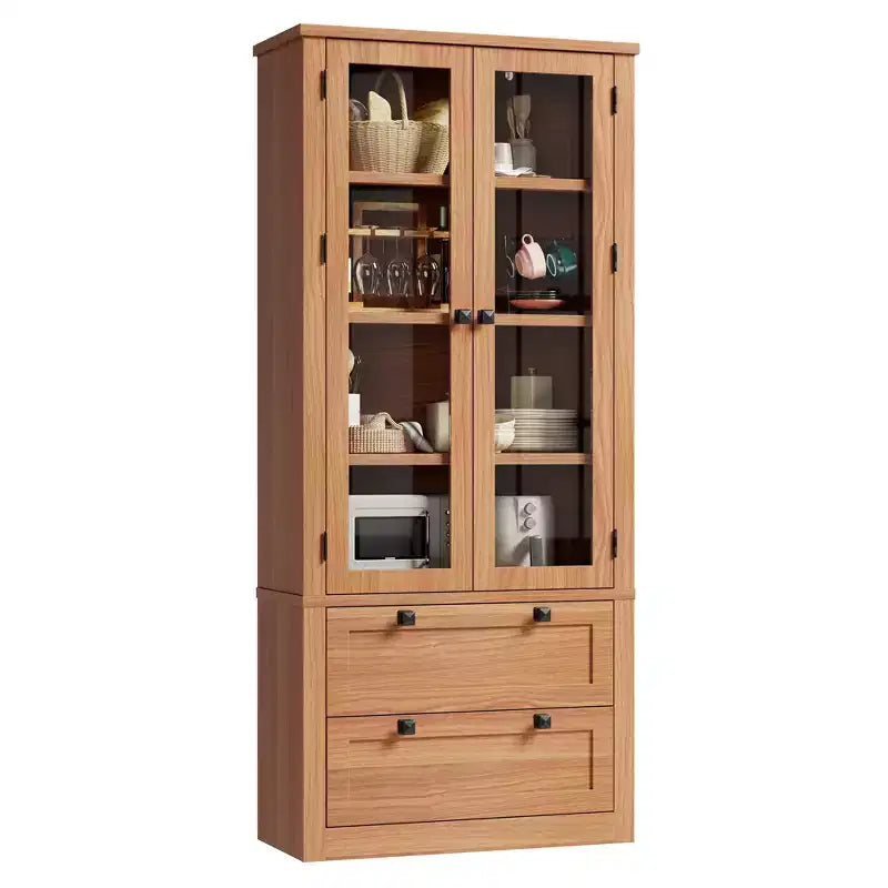 Armoire de cuisine haute de 71 po – Buffet de rangement moderne avec 2 grands tiroirs, portes en verre et étagères réglables, vaisselier de cuisine de style campagnard