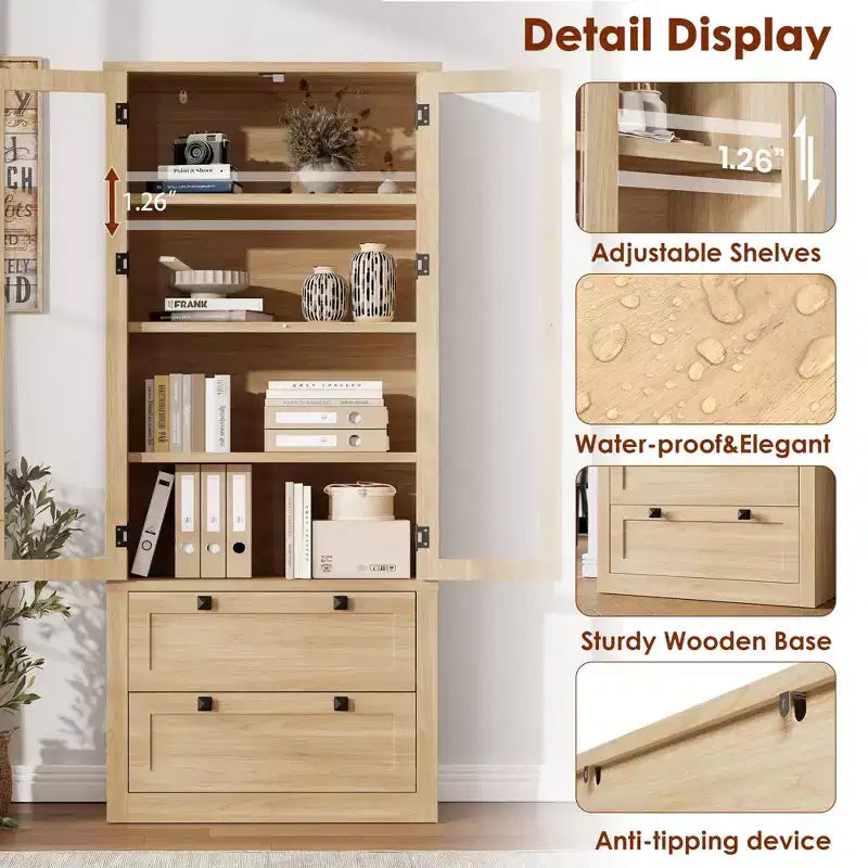 Armoire de cuisine haute de 71 po – Buffet de rangement moderne avec 2 grands tiroirs, portes en verre et étagères réglables, vaisselier de cuisine de style campagnard