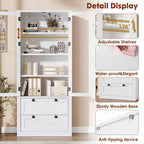 Armoire de cuisine haute de 71 po – Buffet de rangement moderne avec 2 grands tiroirs, portes en verre et étagères réglables, vaisselier de cuisine de style campagnard
