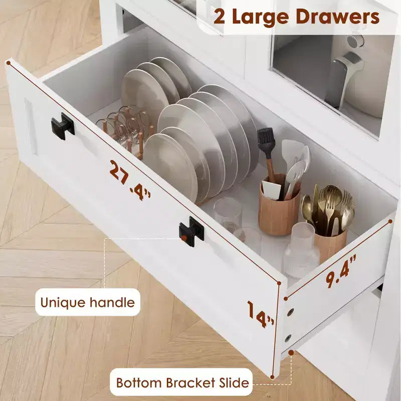 Armoire de cuisine haute de 71 po – Buffet de rangement moderne avec 2 grands tiroirs, portes en verre et étagères réglables, vaisselier de cuisine de style campagnard