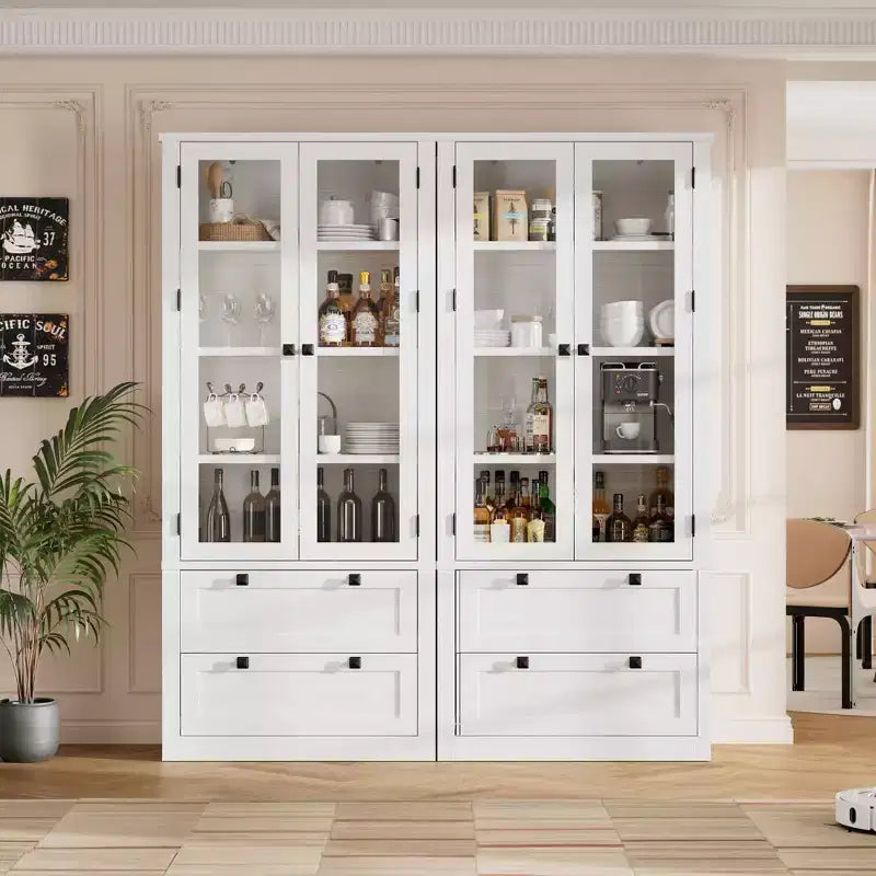 Armoire de cuisine haute de 71 po – Buffet de rangement moderne avec 2 grands tiroirs, portes en verre et étagères réglables, vaisselier de cuisine de style campagnard