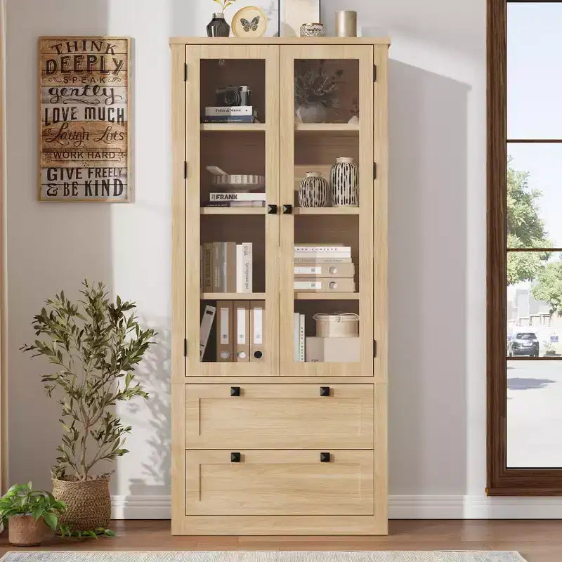 Armoire de cuisine haute de 71 po – Buffet de rangement moderne avec 2 grands tiroirs, portes en verre et étagères réglables, vaisselier de cuisine de style campagnard
