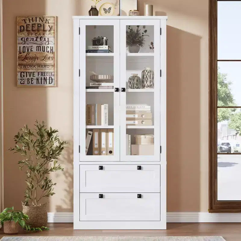 Armoire de cuisine haute de 71 po – Buffet de rangement moderne avec 2 grands tiroirs, portes en verre et étagères réglables, vaisselier de cuisine de style campagnard