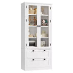Armoire de cuisine haute de 71 po – Buffet de rangement moderne avec 2 grands tiroirs, portes en verre et étagères réglables, vaisselier de cuisine de style campagnard