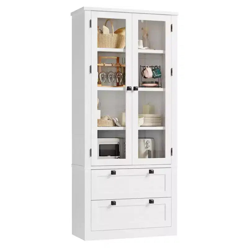 Armoire de cuisine haute de 71 po – Buffet de rangement moderne avec 2 grands tiroirs, portes en verre et étagères réglables, vaisselier de cuisine de style campagnard