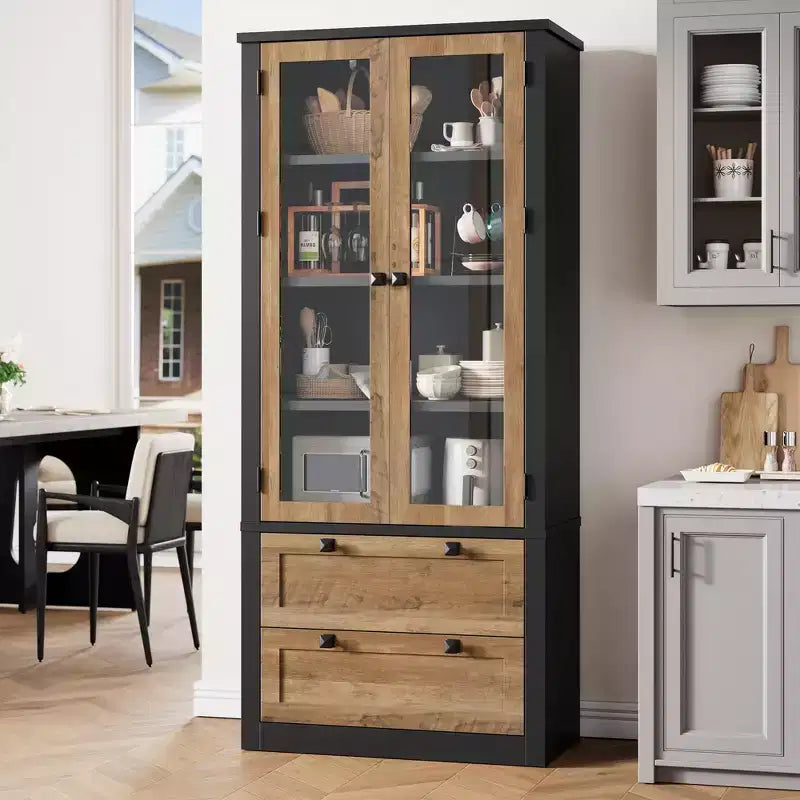 Armoire de cuisine haute de 71 po – Buffet de rangement moderne avec 2 grands tiroirs, portes en verre et étagères réglables, vaisselier de cuisine de style campagnard