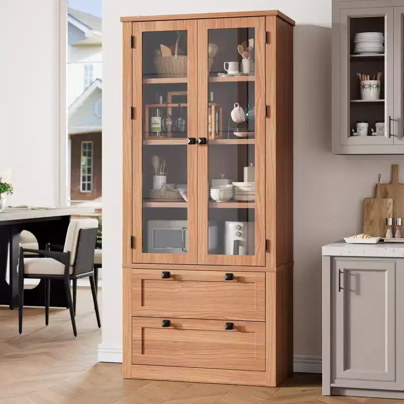 Armoire de cuisine haute de 71 po – Buffet de rangement moderne avec 2 grands tiroirs, portes en verre et étagères réglables, vaisselier de cuisine de style campagnard