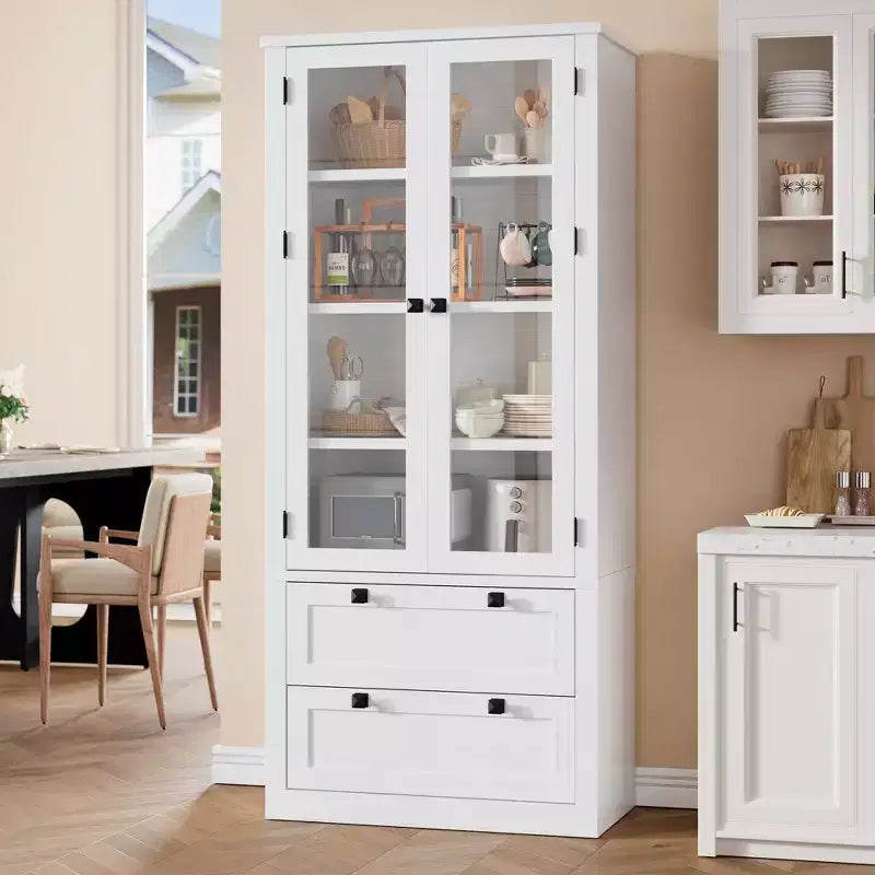 Armoire de cuisine haute de 71 po – Buffet de rangement moderne avec 2 grands tiroirs, portes en verre et étagères réglables, vaisselier de cuisine de style campagnard
