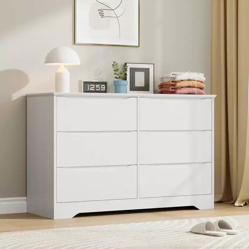 Commode haute et moderne à 6 tiroirs en bois avec plateau large - Chiffonnier à grande capacité pour Chambre, Salon, Couloir et Rangement de Chambre d'Enfant