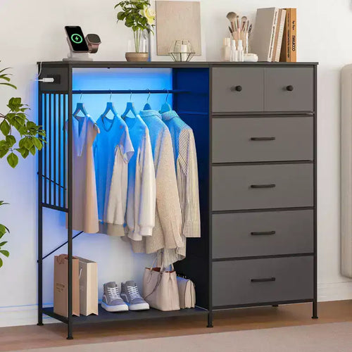 49 Wide Bedroom Dresser with Hanging Rack  Reversible 6-Drawer Chest, LED Lights & USB Charging Station, Fabric Front Panels