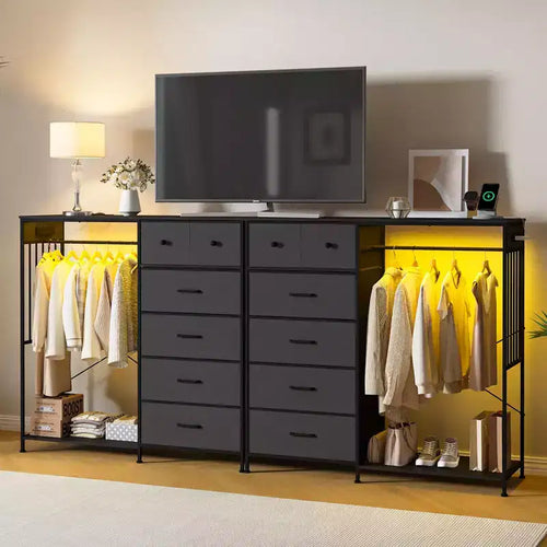 Commode de chambre large de 124 cm avec tringle à vêtements, commode réversible à 6 tiroirs, lumières LED et station de recharge USB, panneaux frontaux en tissu