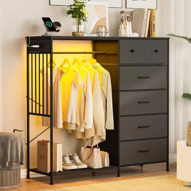 Commode de chambre large de 124 cm avec tringle à vêtements, commode réversible à 6 tiroirs, lumières LED et station de recharge USB, panneaux frontaux en tissu