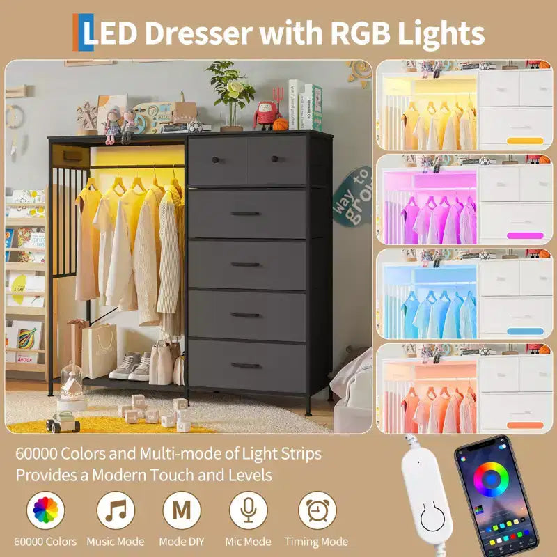 Commode de chambre large de 124 cm avec tringle à vêtements, commode réversible à 6 tiroirs, lumières LED et station de recharge USB, panneaux frontaux en tissu