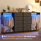 Commode de chambre large de 124 cm avec tringle à vêtements, commode réversible à 6 tiroirs, lumières LED et station de recharge USB, panneaux frontaux en tissu